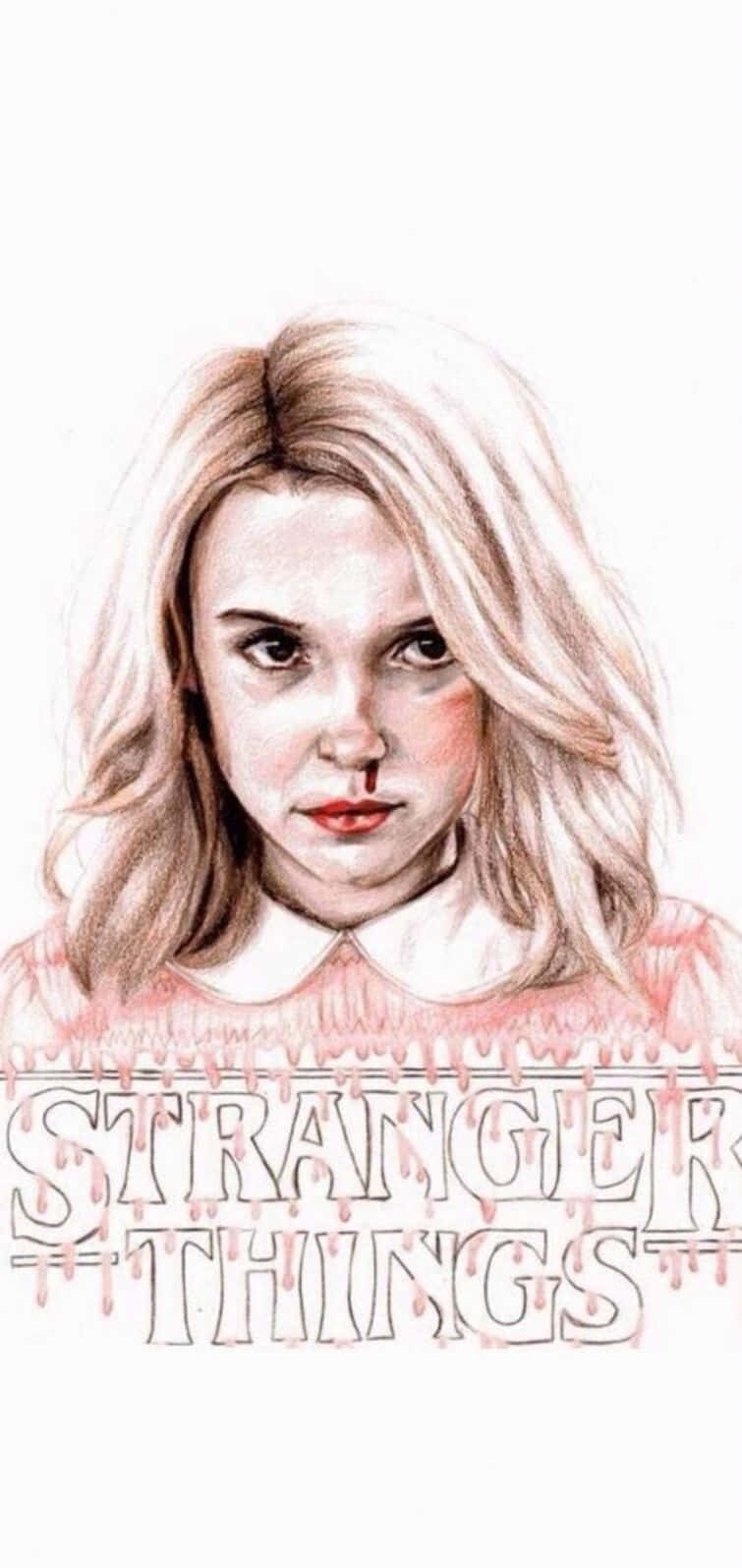 Stranger Things Girly 桌布 壁紙 — 以水彩風格繪製的《怪奇物語》Eleven 肖像，鼻上有血跡，下方有滴落的標題文字。