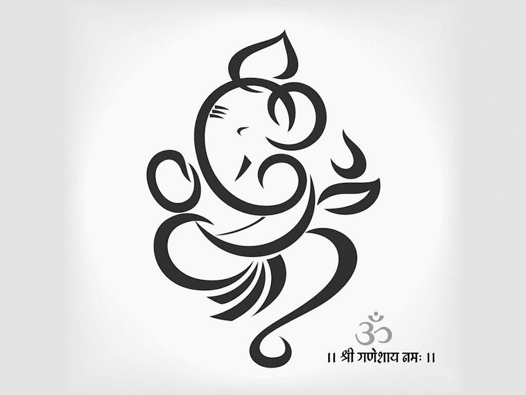 Ganesh 桌布 壁紙 — 以流暢曲線和下方神聖Om符號呈現的簡約黑色線條藝術象頭神格涅沙插圖。