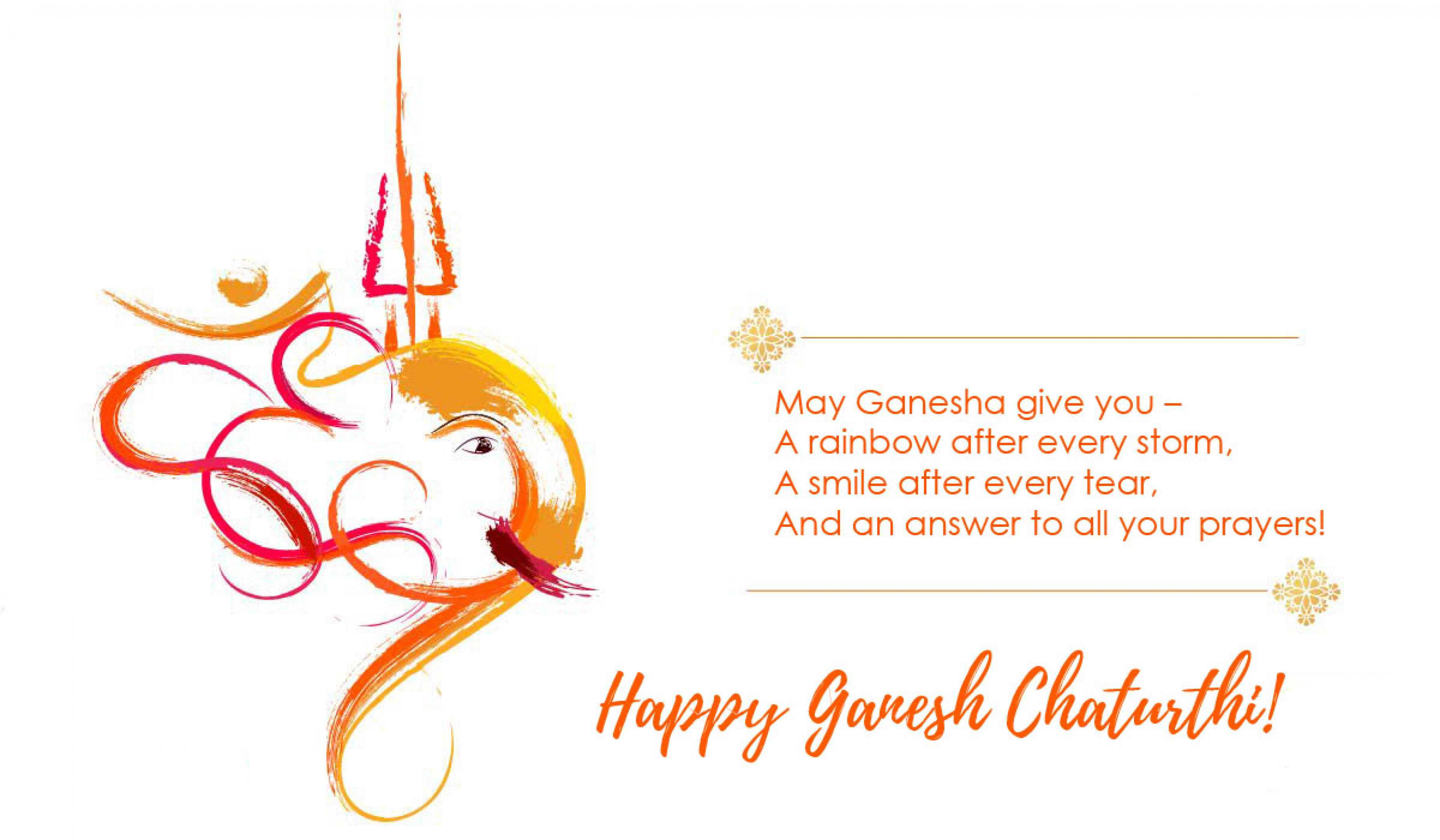 ganpati 4K 桌布 壁紙 — 以流暢的橙色和紅色筆觸在白色背景上繪製的充滿活力的象神抽象插圖，附有節日問候文字。
