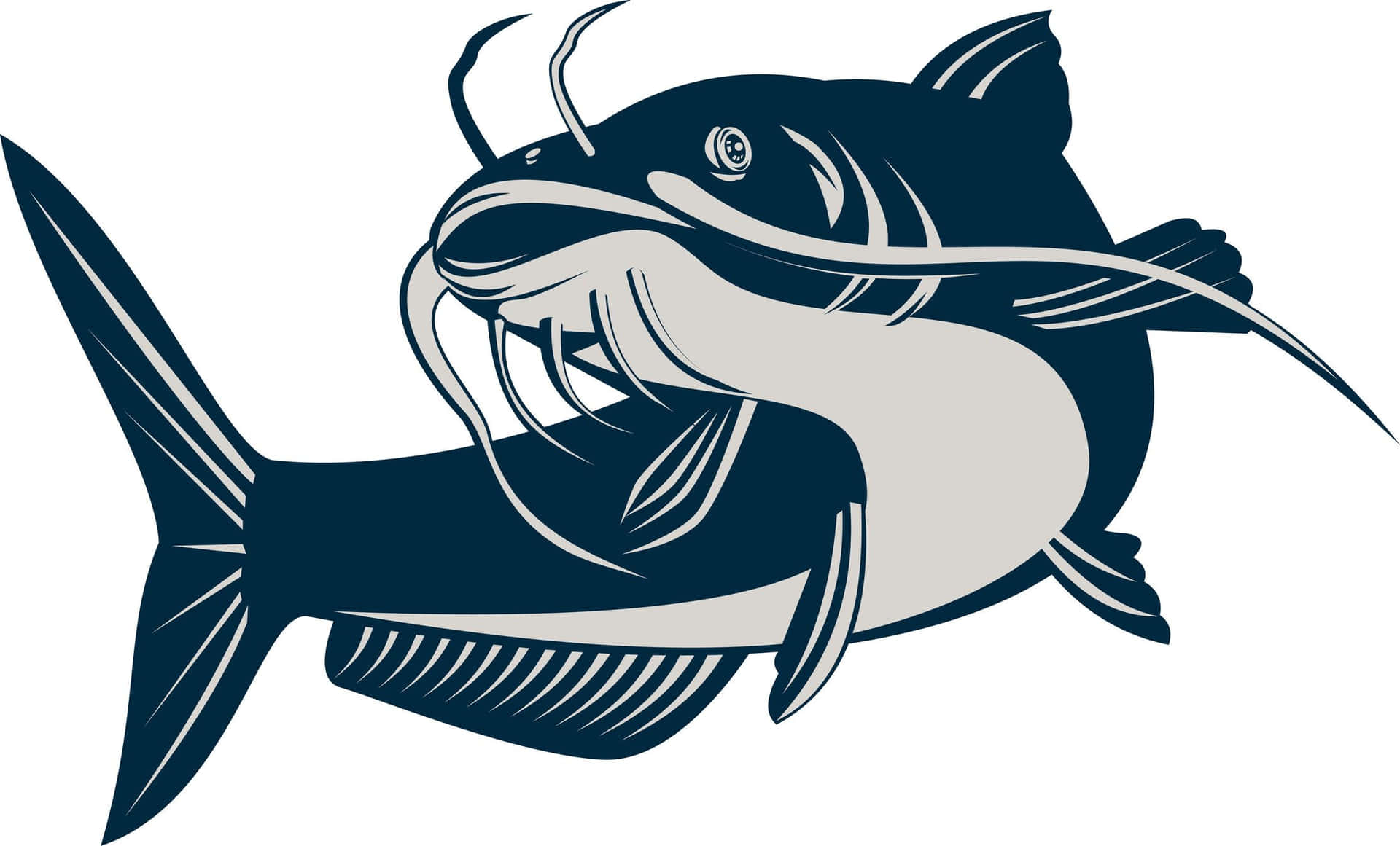 魚 桌布 壁紙 — 以海軍藍和灰色繪製的風格化鯰魚插圖，帶有粗白色輪廓和詳細的魚鰭。