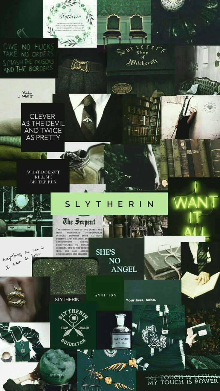 Cute Slytherin 桌布 壁紙 — 以深綠色史萊哲林為主題的拼貼畫，包含哈利波特宇宙中的語錄、書籍和符號。
