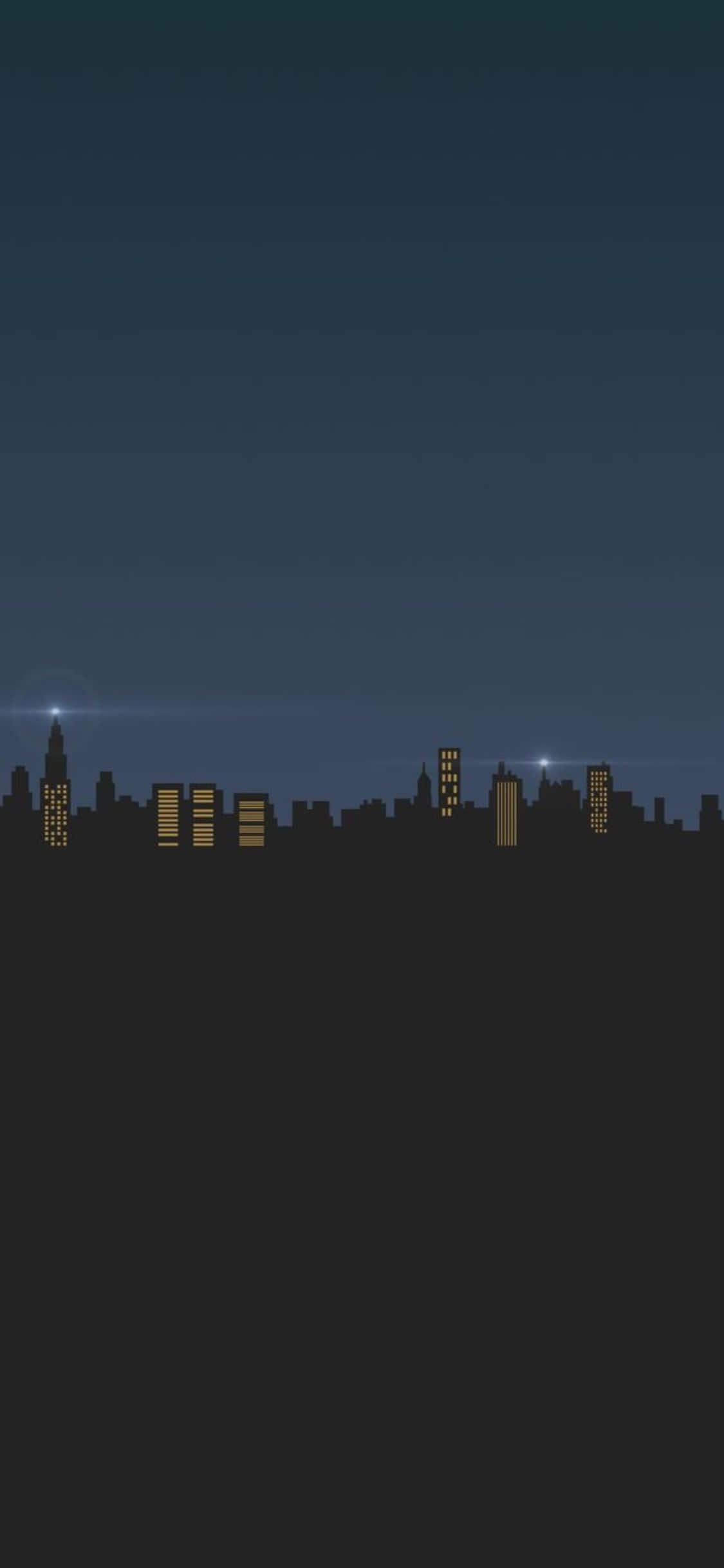 Dark Minimalist 桌布 壁紙 — 以深色漸層天空為背景，帶有發光窗戶的極簡像素藝術城市天際線夜景。
