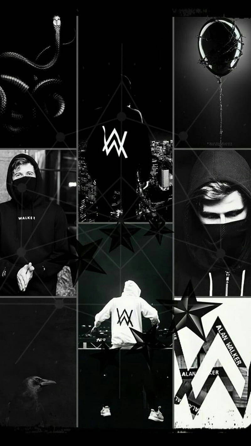  壁紙 — 以深色背景為襯托，Alan Walker 圖片、標誌星星和蛇形氣球的黑白拼貼畫。