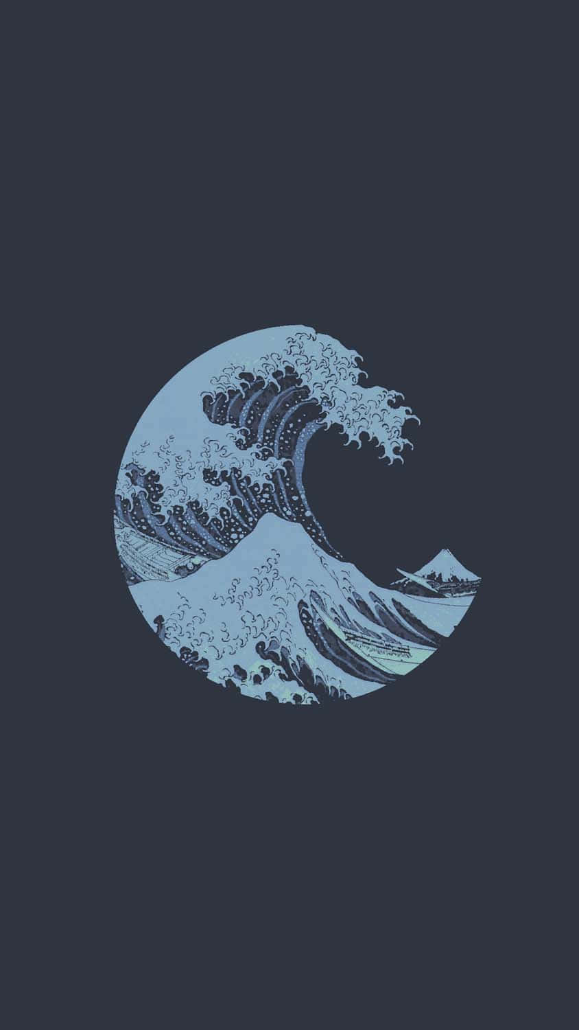 桌布 壁紙 — 以深色背景為襯托，以藍色調呈現的富士山背景下的風格化新月波浪。