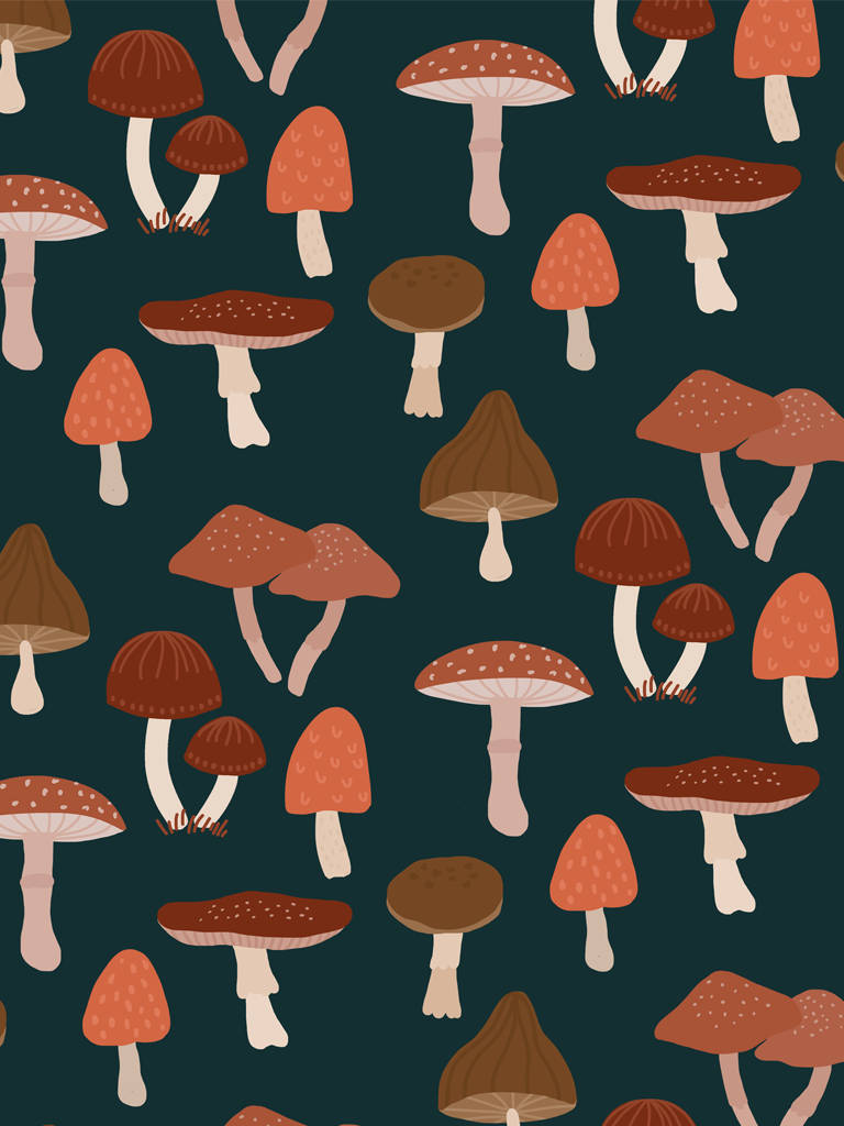 Mushroom Aesthetic 桌布 壁紙 — 以深藍綠色背景襯托的泥土色調風格化蘑菇重複圖案。