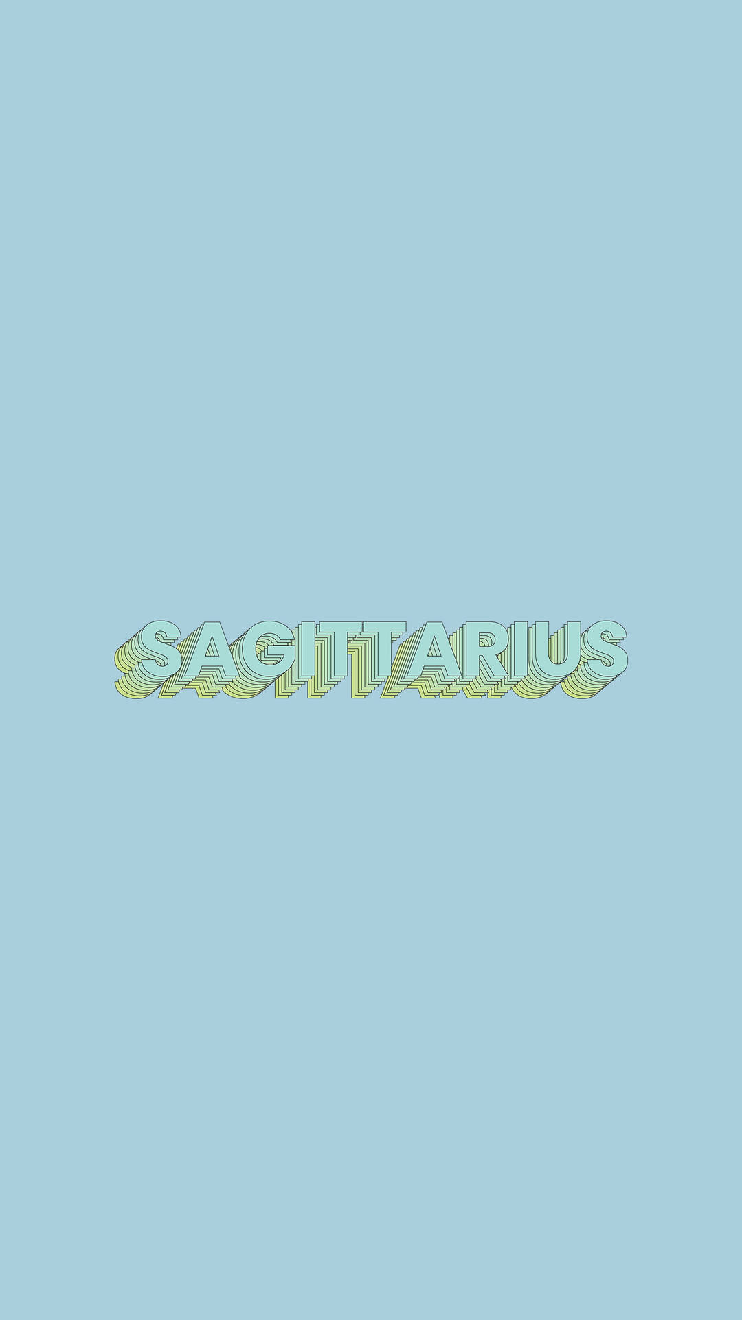 sagittarius 桌布 壁紙 — 以淺藍色背景上帶有黃色和綠色條紋的時尚復古字體書寫的「射手座」一詞。