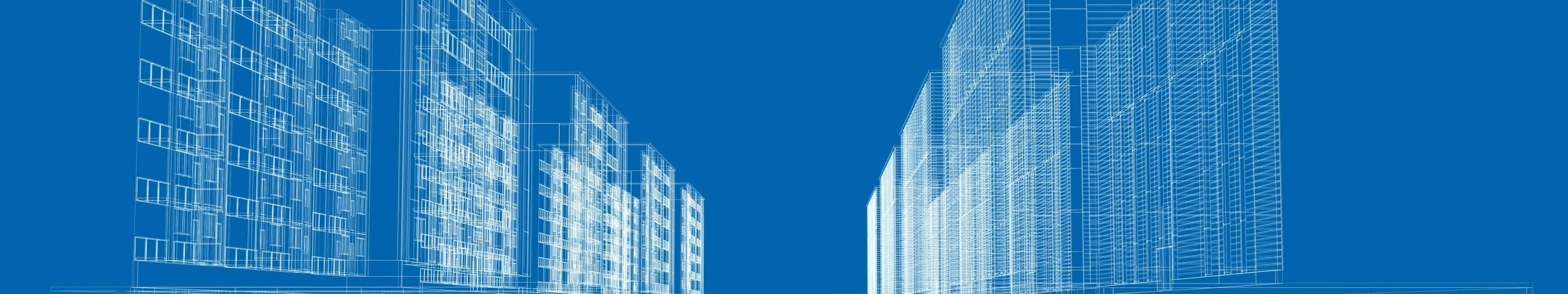 4800x900 桌布 壁紙 — 以清晰白色線框渲染的現代高層建築，背景為純藍色。