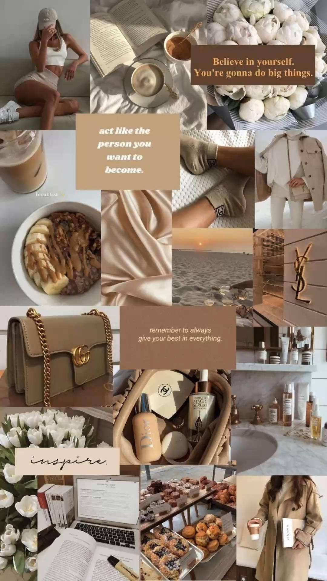 That Girl Aesthetic 桌布 壁紙 — 以溫暖中性色調呈現的奢華生活美學拼貼，包含咖啡早餐、絲綢布料、時尚配飾及勵志語錄。