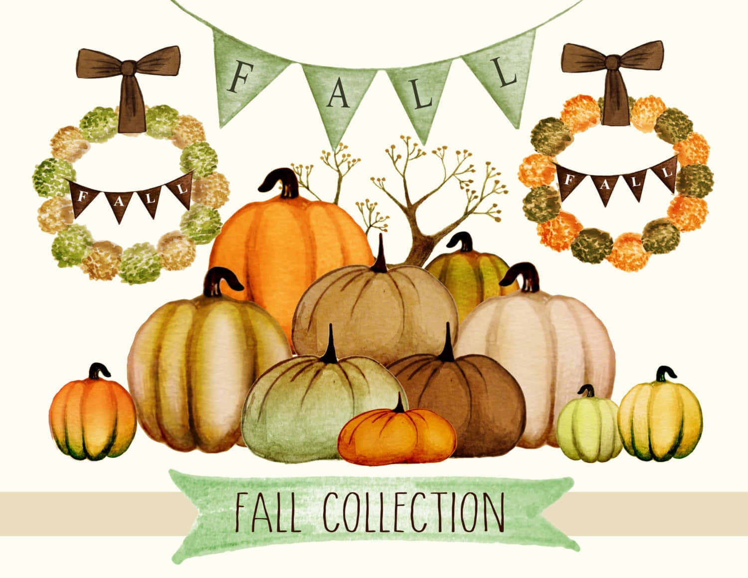 Fall Thanksgiving 桌布 壁紙 — 以溫暖大地色調呈現的水彩秋季系列，包含南瓜、花環和橫幅。