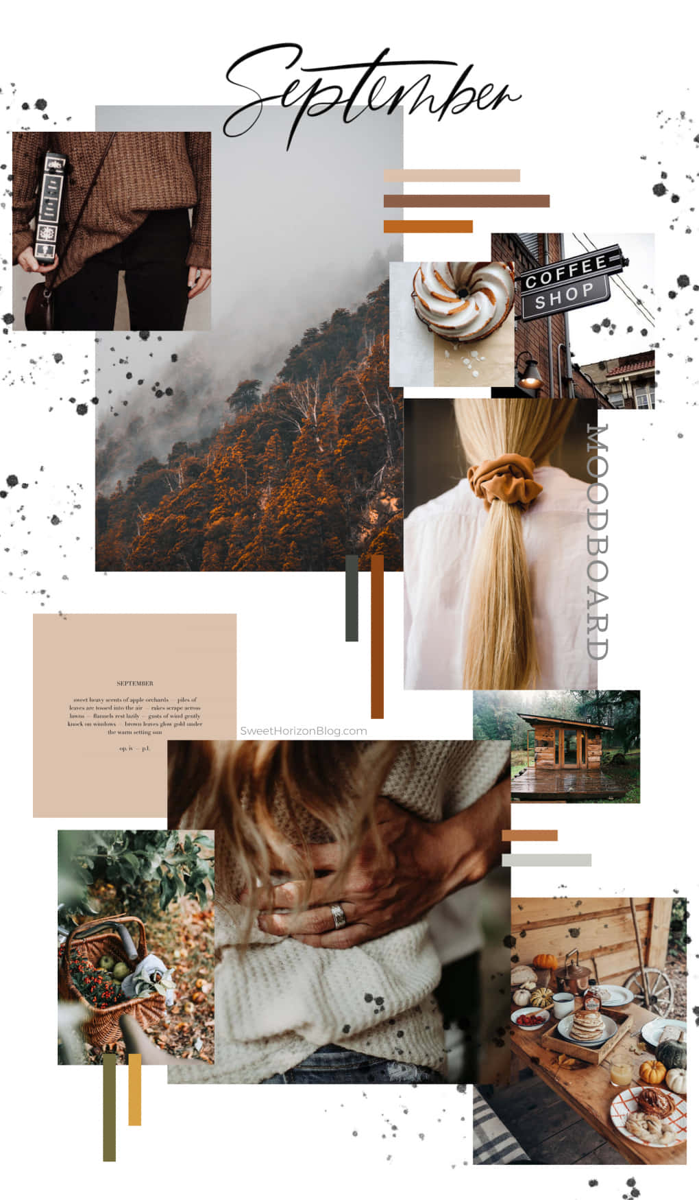 Aesthetic Moodboard 桌布 壁紙 — 以溫暖大地色調呈現的秋季場景拼貼畫，包括森林、咖啡店、舒適毛衣和時令美食。
