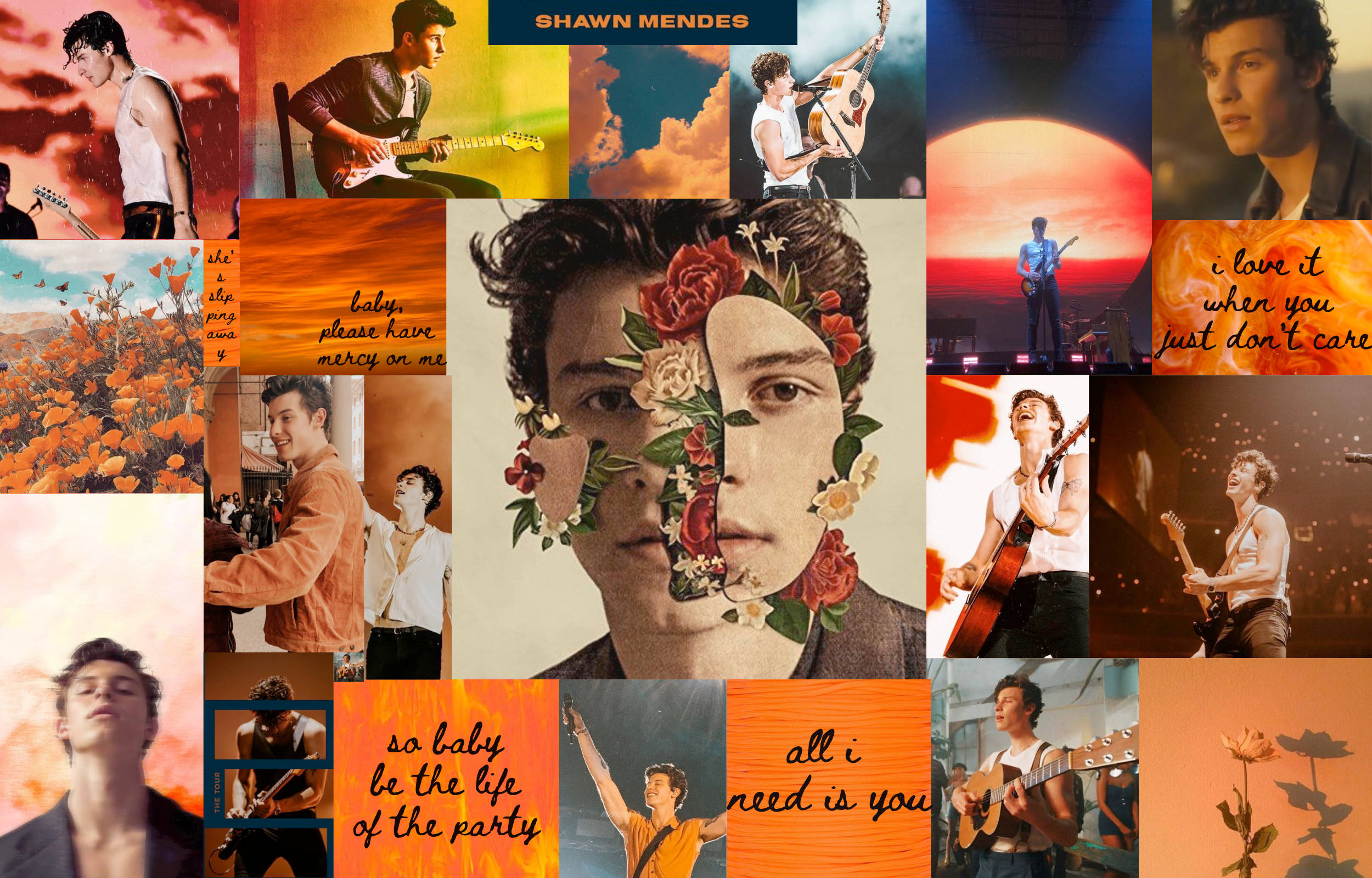 Shawn 桌布 壁紙 — 以溫暖日落色調為背景，Shawn Mendes 照片的鮮明拼貼畫，帶有花卉疊加和歌詞。