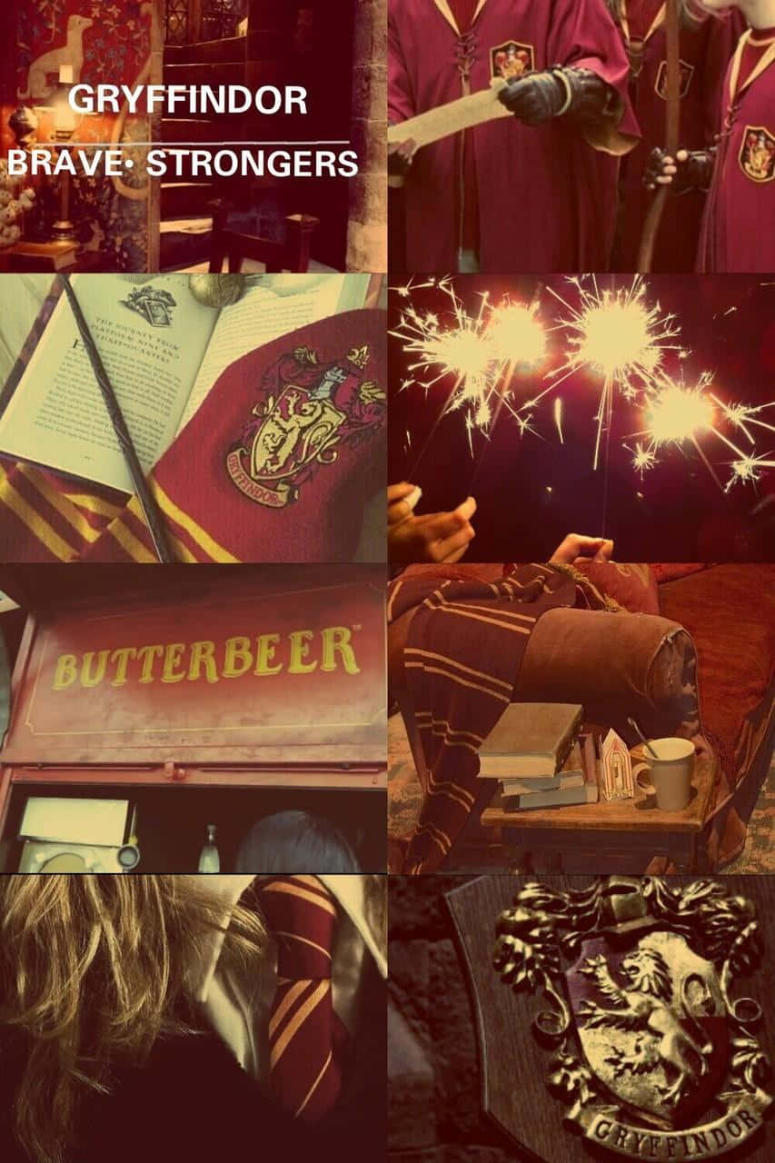 Gryffindor Aesthetic 桌布 壁紙 — 以溫暖栗色調呈現的葛萊芬多主題物品拼貼，包括長袍、書籍、仙女棒和奶油啤酒招牌。