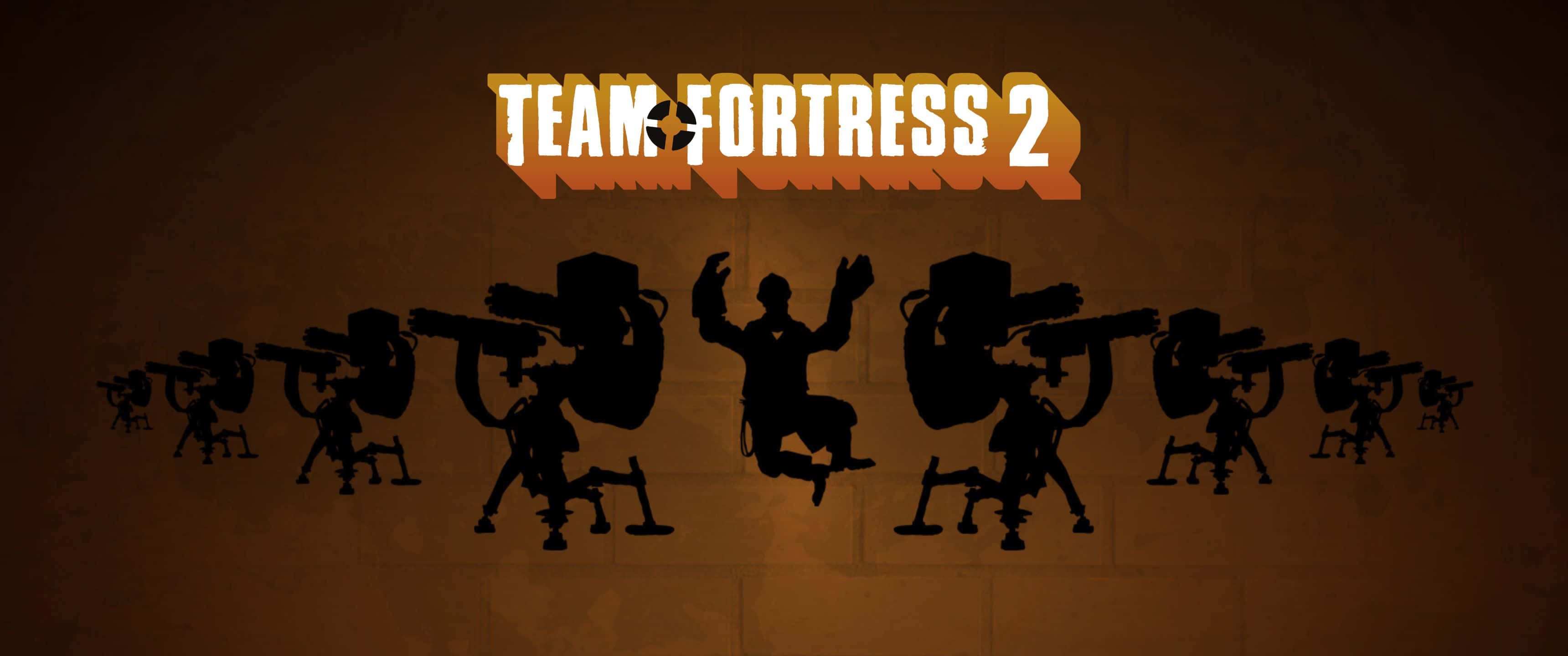 3440x1440p Tf2 桌布 壁紙 — 以溫暖棕色牆壁為背景，呈現動態姿勢的Team Fortress 2剪影角色，並帶有發光的橙色標題文字。