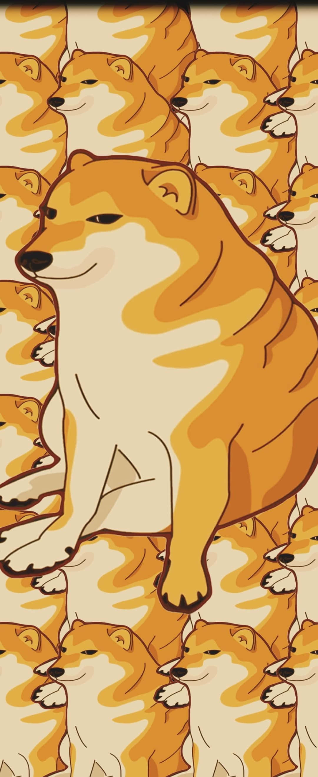 1080x2636 桌布 壁紙 — 以溫暖橙色和奶油色調搭配粗黑輪廓的柴犬重複圖案。