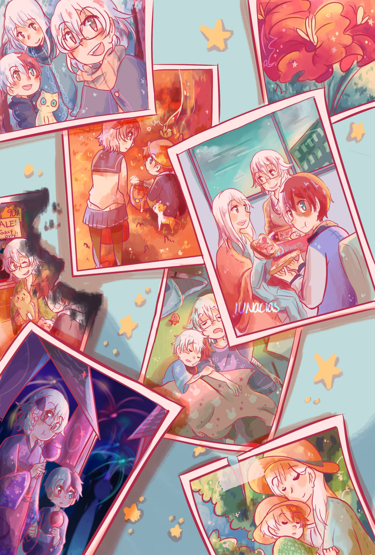 todoroki family 桌布 壁紙 — 以溫暖發光的色彩和漂浮星星為背景，展示角色之間親密時刻的動漫風格照片拼貼。