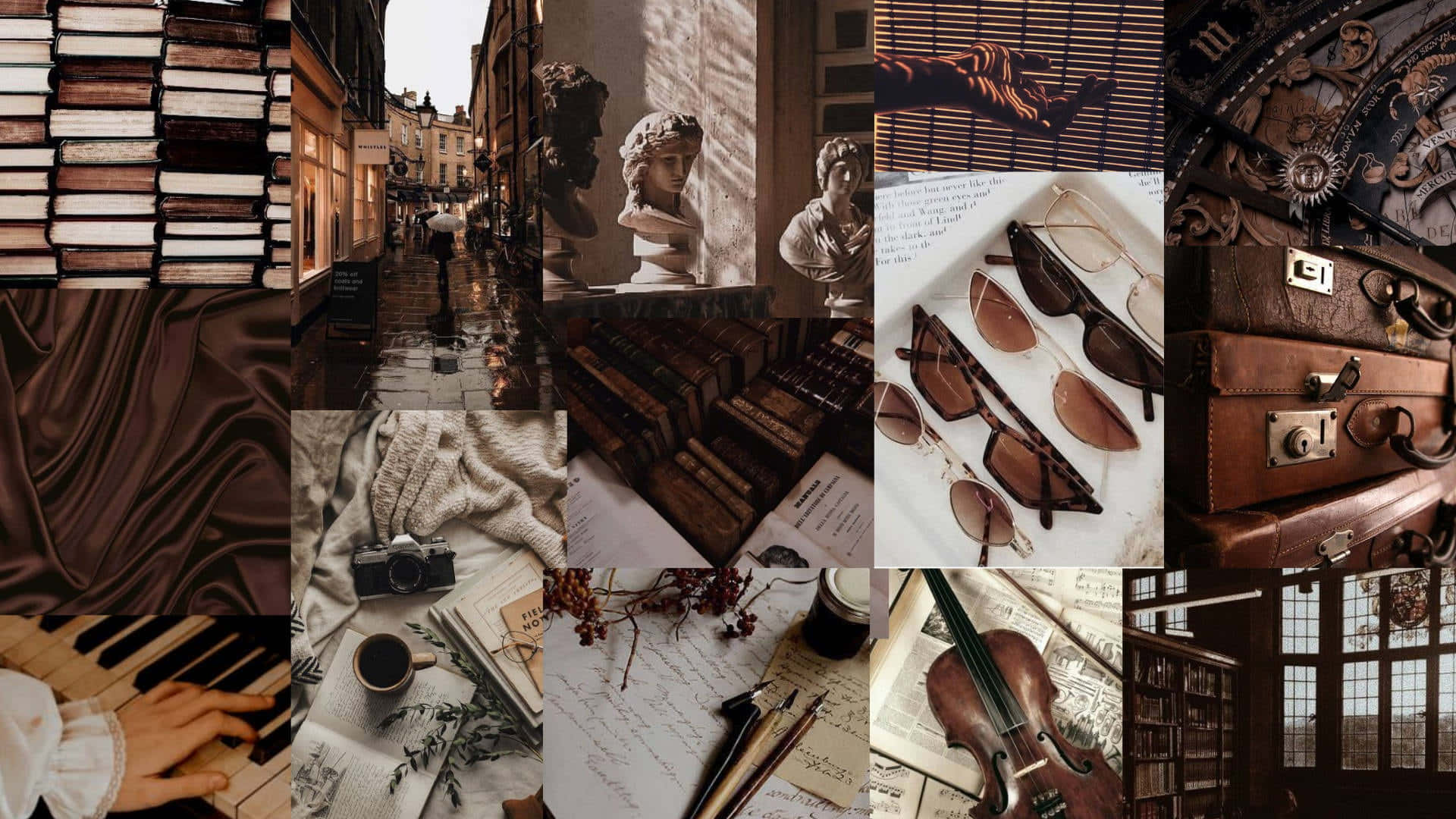 Dark Academia Aesthetic 桌布 壁紙 — 以溫暖的懷舊色調呈現的復古風格拼貼畫，包含書籍、雕像、太陽眼鏡和小提琴，喚起懷舊與寧靜優雅。