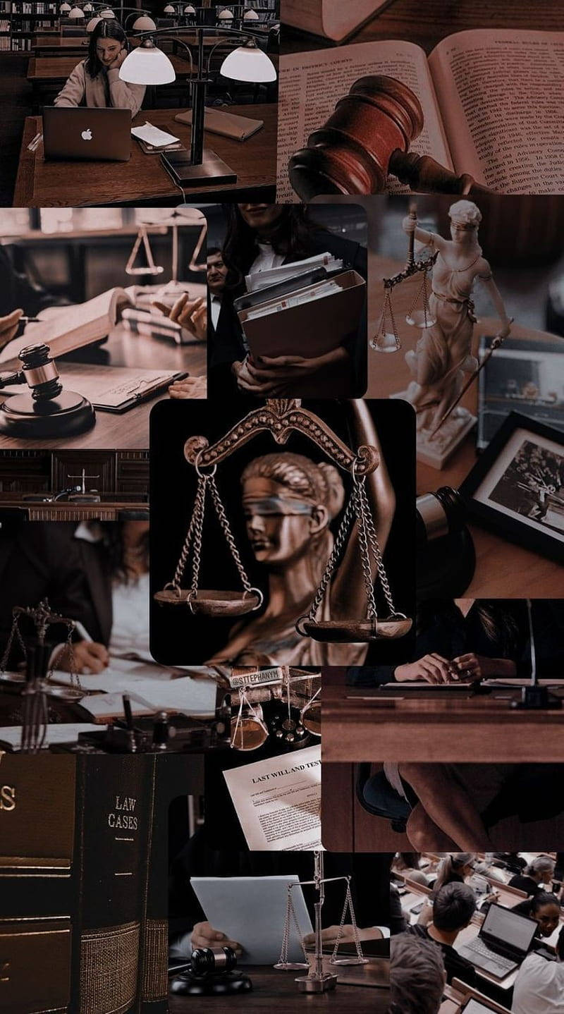 Lawyer 桌布 壁紙 — 以溫暖的棕褐色調呈現的法庭場景和法律符號拼貼畫，喚起莊嚴的正義和法律程序。