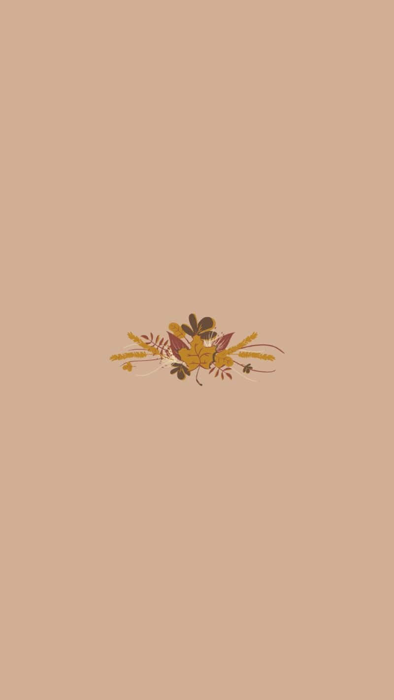 Minimalist Flower Computer 桌布 壁紙 — 以溫暖米色背景為中心，搭配小麥和葉子的極簡秋季花卉佈置。