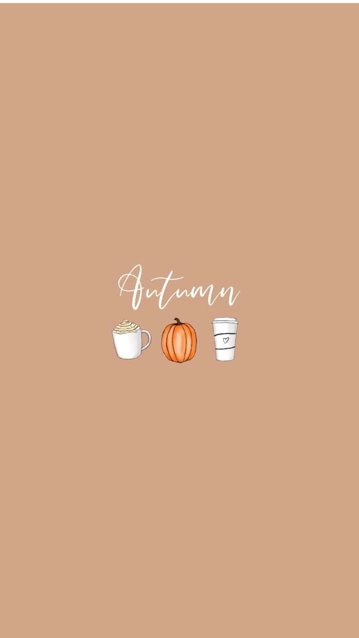 Autumn Leaves 桌布 壁紙 — 以溫暖米色背景為中心，簡約秋季主題壁紙，包含一個南瓜和兩個咖啡杯。