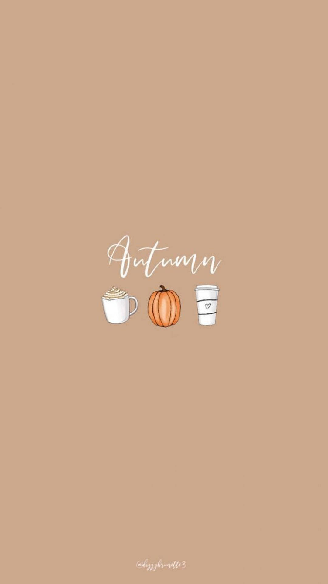 Autumn Season 桌布 壁紙 — 以溫暖米色背景為襯，中央放置南瓜和兩個咖啡杯的簡約秋季壁紙。