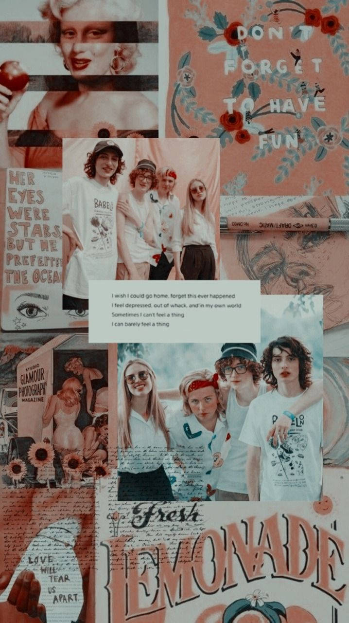 Stranger Things Aesthetic 桌布 壁紙 — 以溫暖粉紅色調呈現的充滿活力的拼貼畫，包含年輕照片、語錄和復古雜誌剪報。