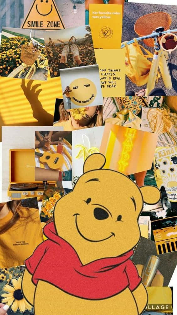 Yellow Aesthetic Collage 桌布 壁紙 — 以溫暖背景為襯托，呈現小熊維尼、向日葵和歡樂語錄的鮮豔黃色主題拼貼畫。