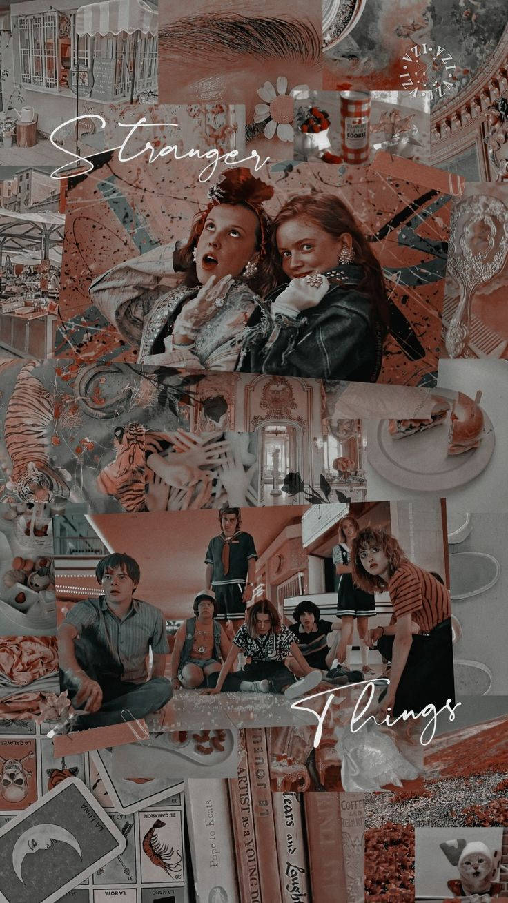 Aesthetic Stranger Things Eleven 桌布 壁紙 — 以溫暖色調、懷舊美學拼貼《怪奇物語》角色與詭異意象。