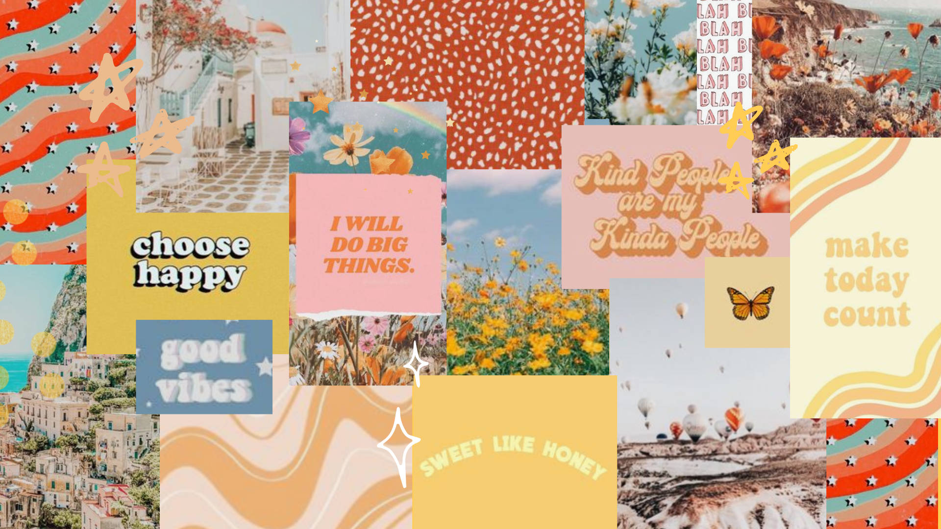 Cute Collage 桌布 壁紙 — 以溫暖色調、星星和花卉圖案組成的勵志名言和風景照片的鮮豔拼貼畫。
