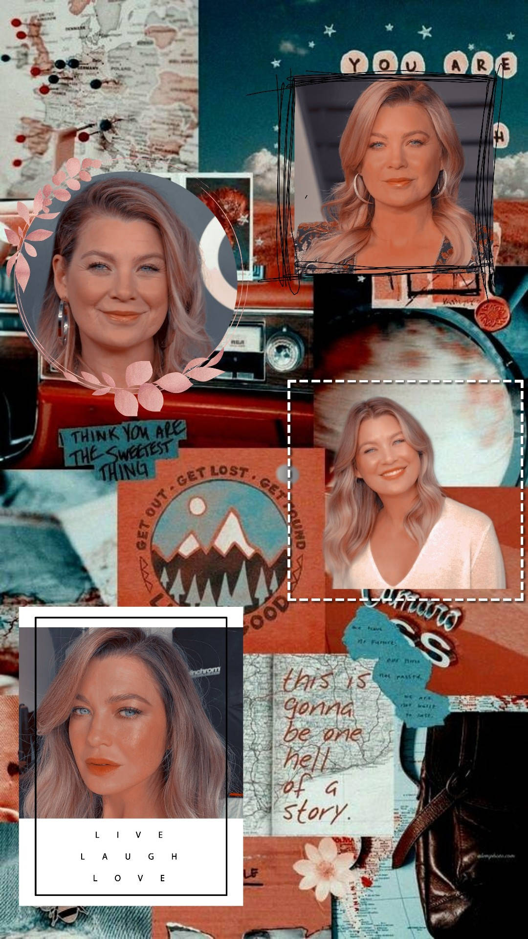 Ellen Pompeo 桌布 壁紙 — 以溫暖色調呈現的女性照片、旅行地圖和勵志語錄的充滿活力的拼貼畫。
