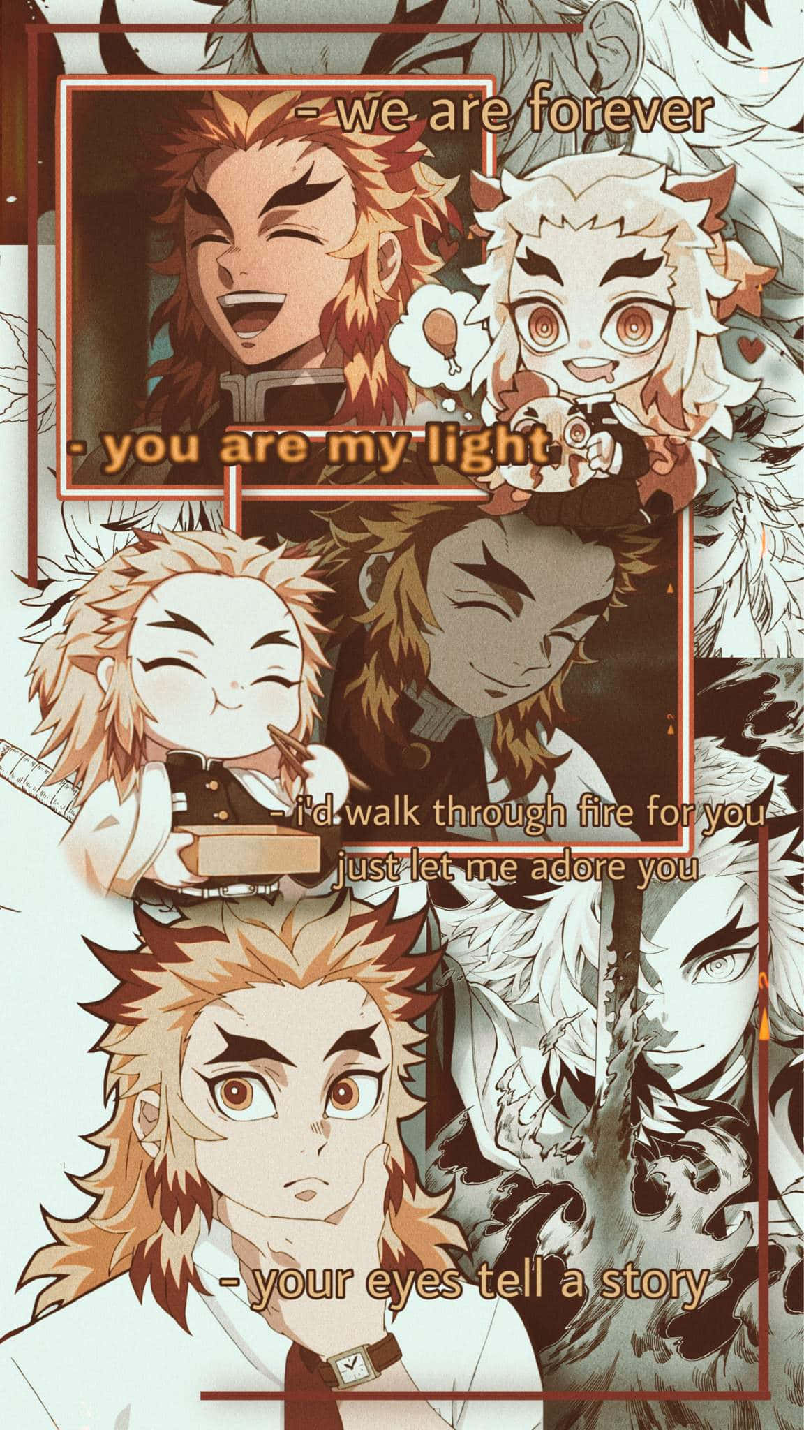Rengoku Aesthetic 桌布 壁紙 — 以溫暖色調和裝飾邊框疊加浪漫語錄的動漫角色拼貼畫。