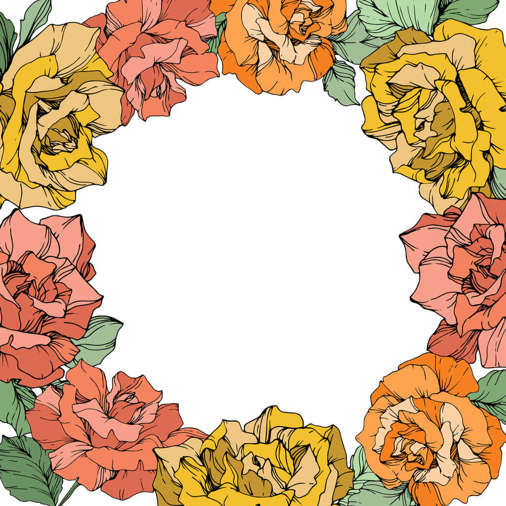 Floral Wreath 桌布 壁紙 — 以溫暖色調手繪的鮮豔玫瑰在空白白色中心周圍形成圓形邊框。
