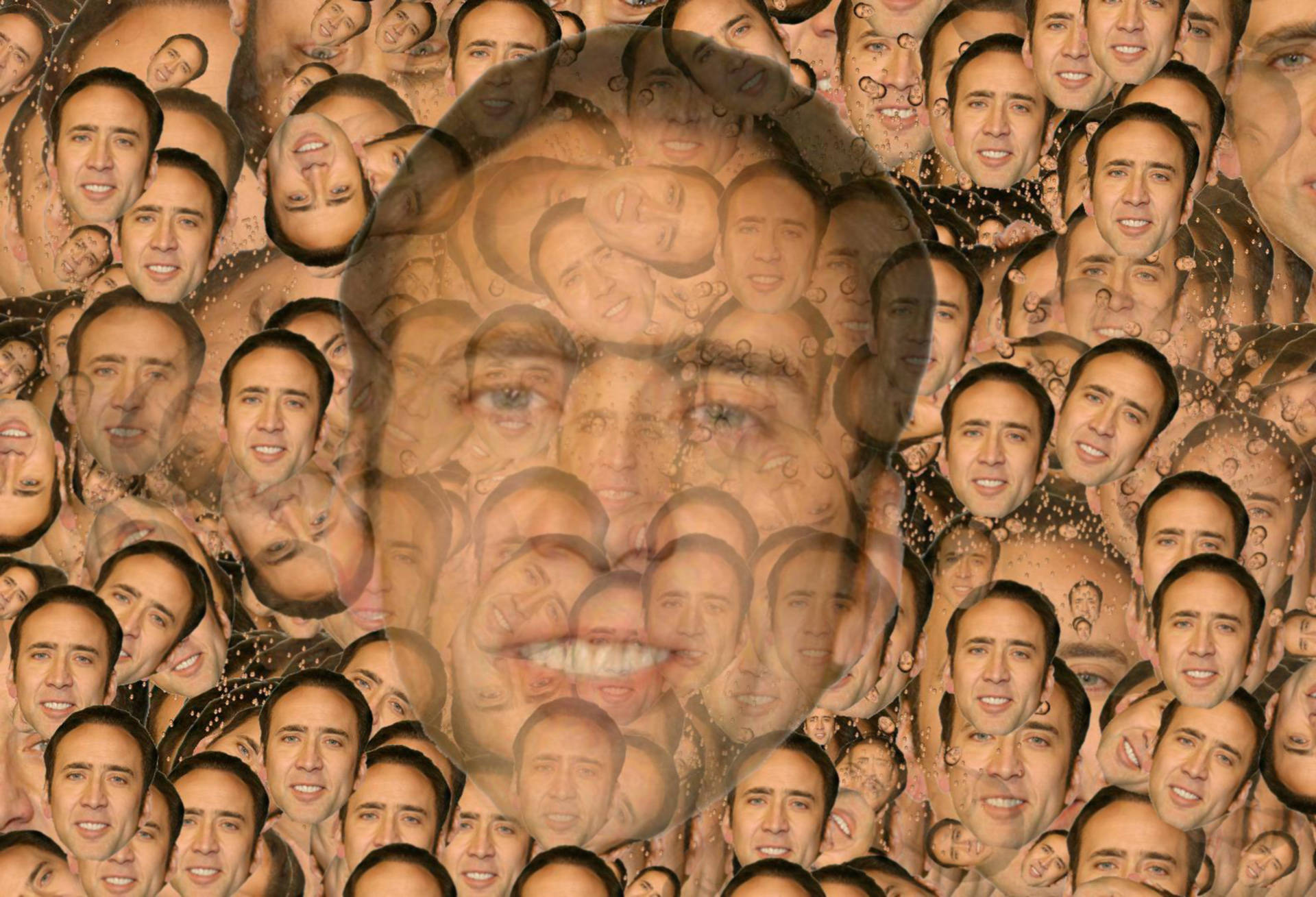 nicolas cage meme 桌布 壁紙 — 以溫暖色調重疊尼可拉斯·凱吉面孔的超現實數位拼貼，營造出催眠般的肖像效果。