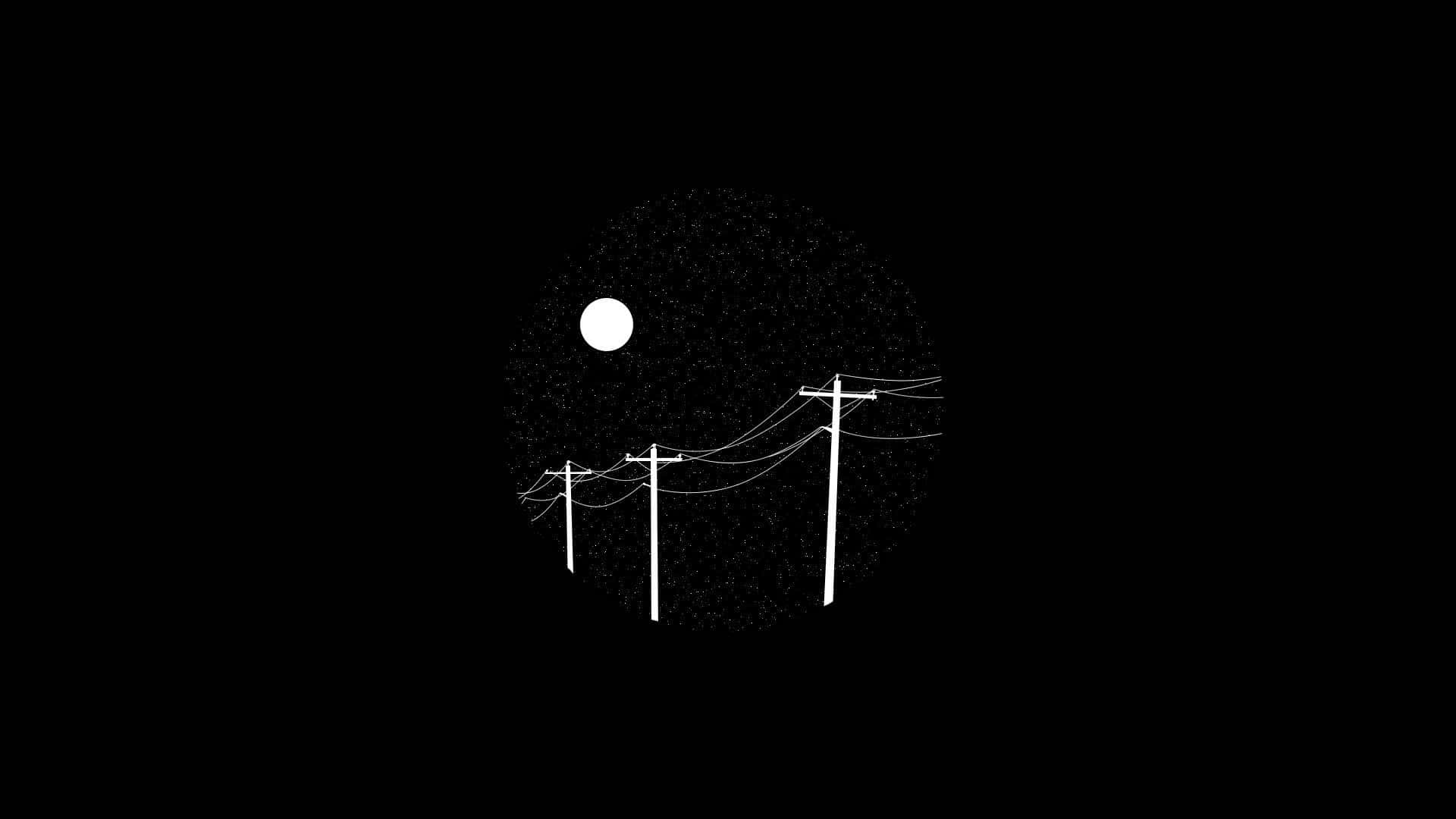 Simple Black And White 桌布 壁紙 — 以滿月星空為背景的電線和電線桿的極簡白色線條畫。