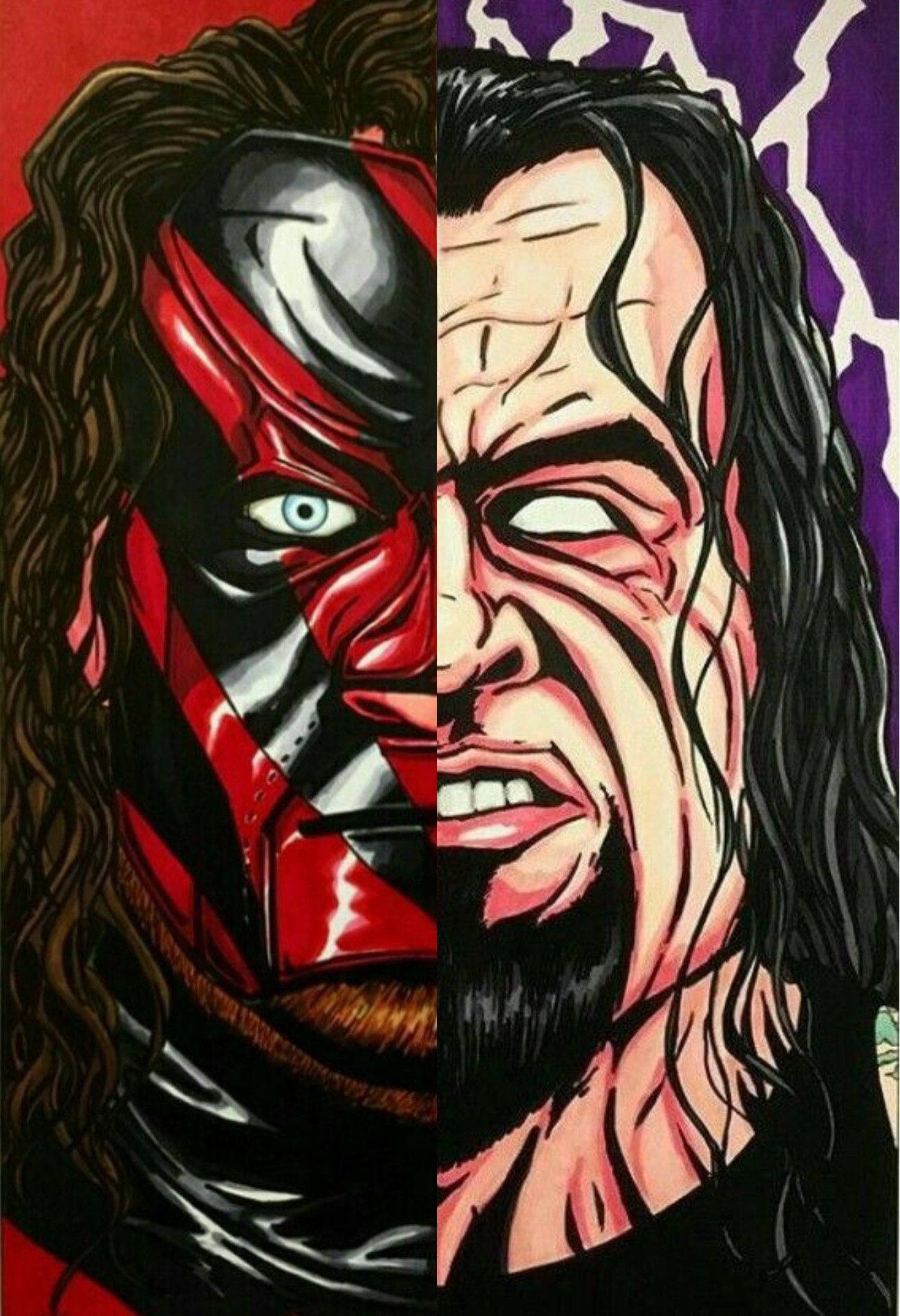 Undertaker 桌布 壁紙 — 以漫畫風格呈現的 The Undertaker 和 Kane 的分割肖像，背景為紅色和紫色。