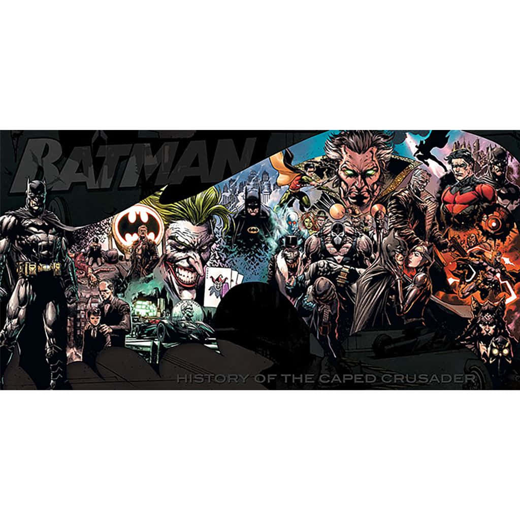 The Caped Crusader 桌布 壁紙 — 以漫畫風格拼貼呈現蝙蝠俠及其反派畫廊，在黑暗粗獷的背景前擺出戲劇性姿勢。