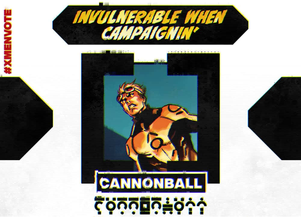 Marvel Profile 桌布 壁紙 — 以漫畫風格繪製的 Cannonball 動態姿勢插圖，帶有粗體文字和故障效果。