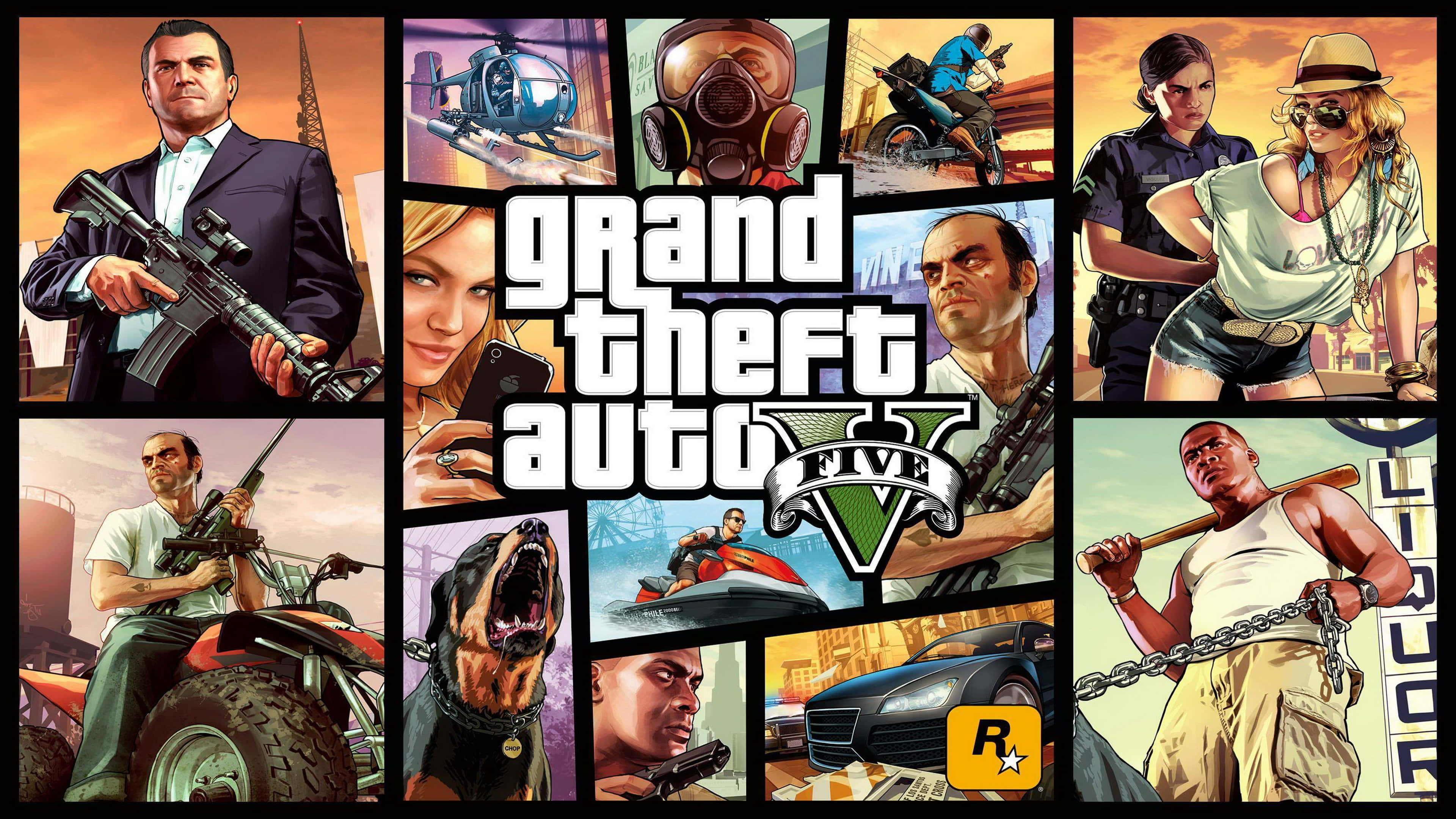 GTA 5 動圖 桌布 壁紙 — 以漫畫風格藝術呈現的《Grand Theft Auto V》角色和車輛拼貼畫，色彩大膽，燈光戲劇化。
