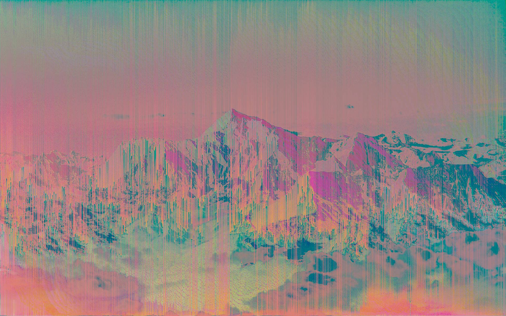 蒸氣波 桌布 壁紙 — 以漸變天空為背景，以鮮豔的粉紅色和藍綠色垂直條紋呈現的故障藝術山脈。