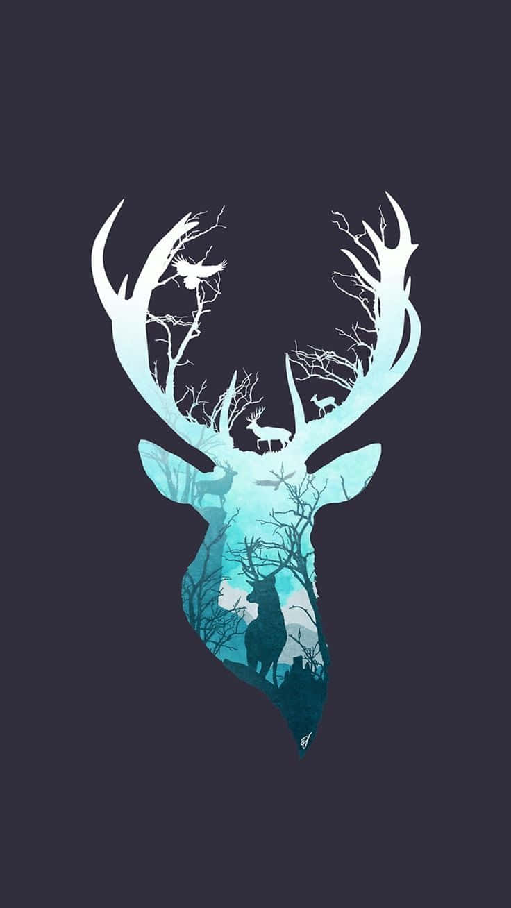 Deer Hunting 桌布 壁紙 — 以漸變藍色調呈現的風格化鹿頭剪影，其鹿角和身體內有複雜的樹枝和較小的鹿形圖案。