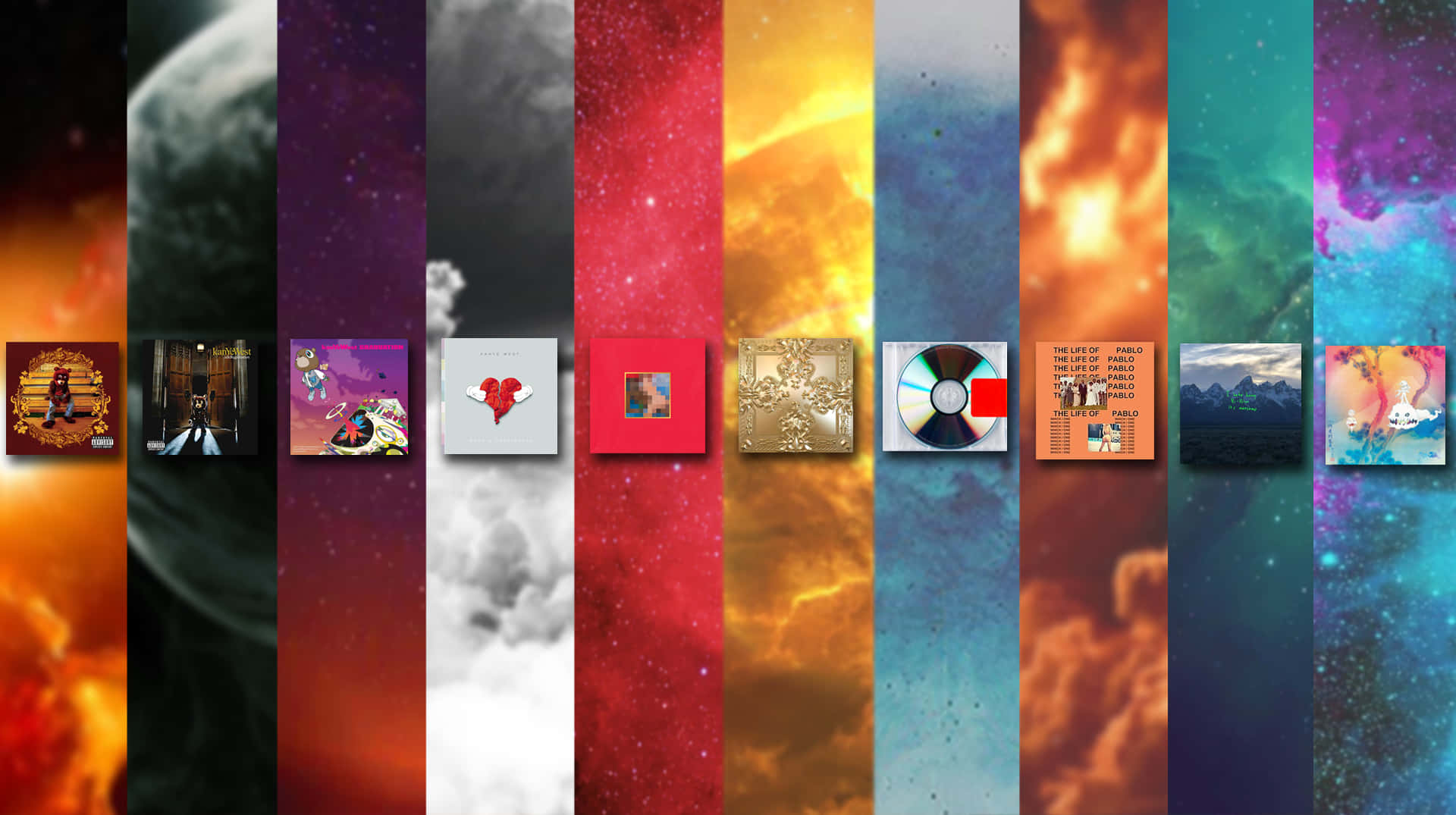 album 桌布 壁紙 — 以火紅、金色和深紫色調，在宇宙星雲和星空背景下，呈現充滿活力的專輯封面拼貼。