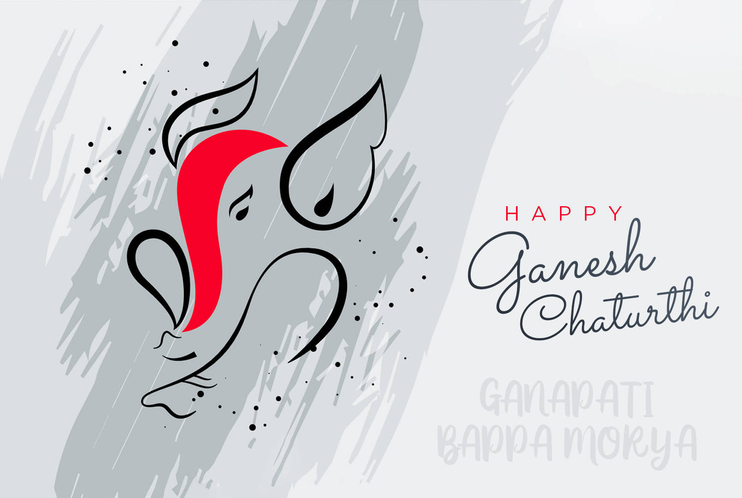 Ganesh 桌布 壁紙 — 以灰色筆觸背景襯托紅色象鼻的簡約線條象神，附有節日文字。