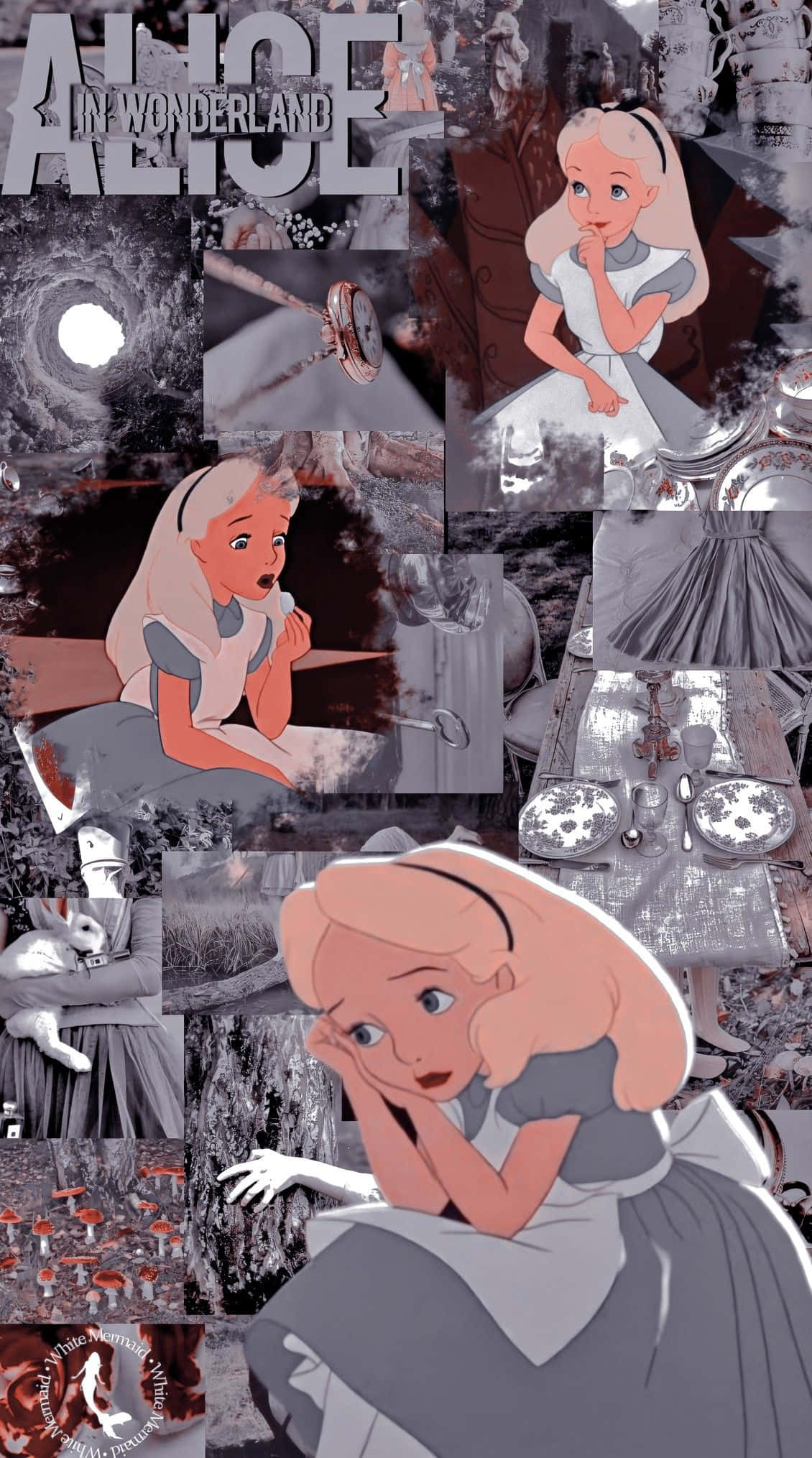 Alice Wonderland Aesthetic 桌布 壁紙 — 以灰階圖像和鮮豔紅色點綴的愛麗絲夢遊仙境場景超現實拼貼畫。