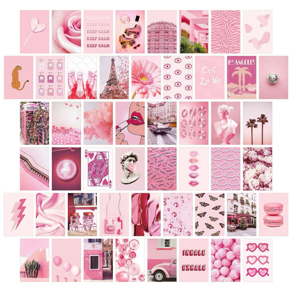 Wall Collage 桌布 壁紙 — 以玫瑰、溜冰鞋、艾菲爾鐵塔、馬卡龍和巴黎街景為特色的充滿活力的粉紅色主題拼貼畫。