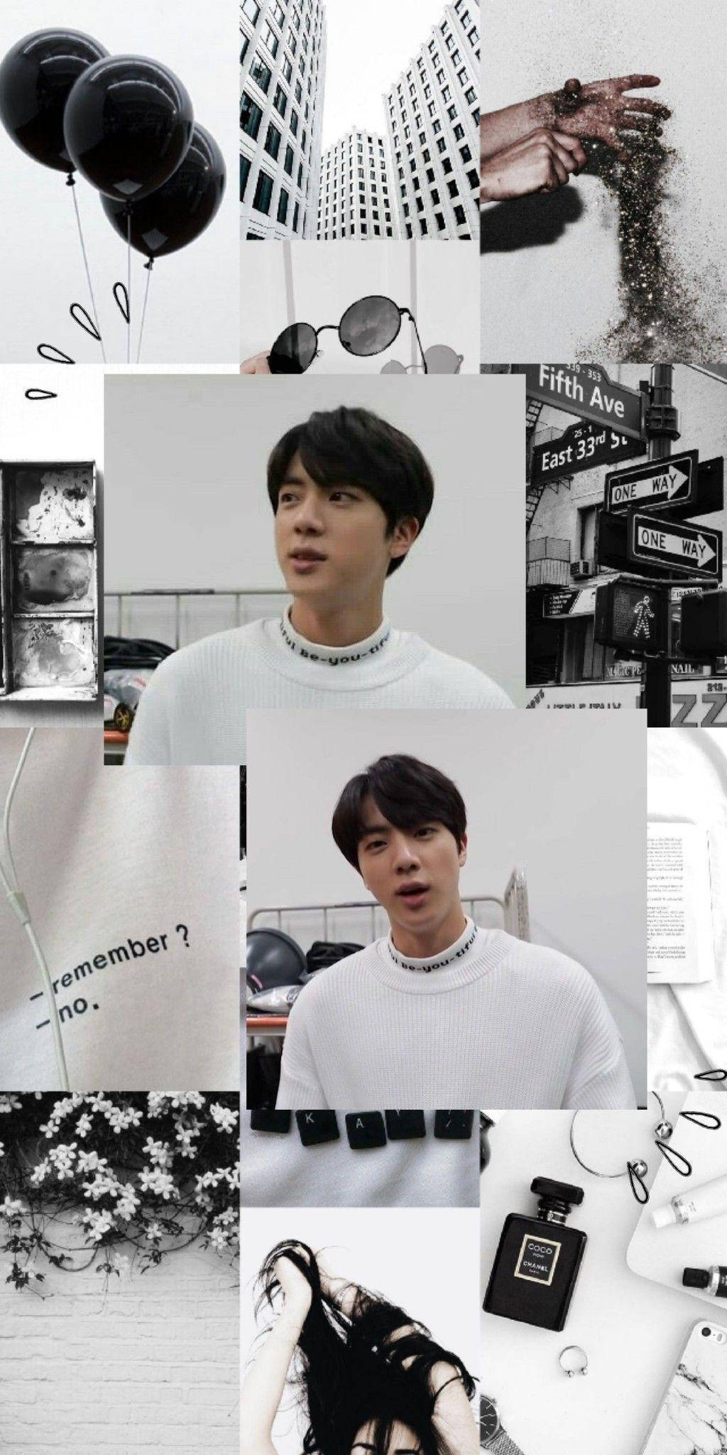 BTS Jin 桌布 壁紙 — 以現代美學排列的城市街景、時尚單品和富有表現力肖像的單色拼貼畫。