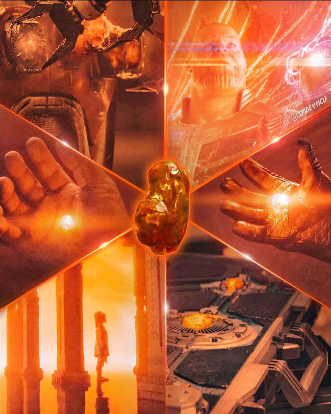 Soul Stone 桌布 壁紙 — 以發光的無限寶石為中心，手部和角色散發力量的熾熱橙色超級英雄場景拼貼畫。