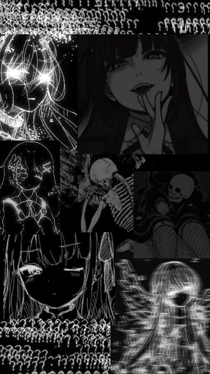 Black And White Collage 桌布 壁紙 — 以發光輪廓和骷髏圖案為特色的黑白動漫風格角色拼貼，帶有故障數位美學。