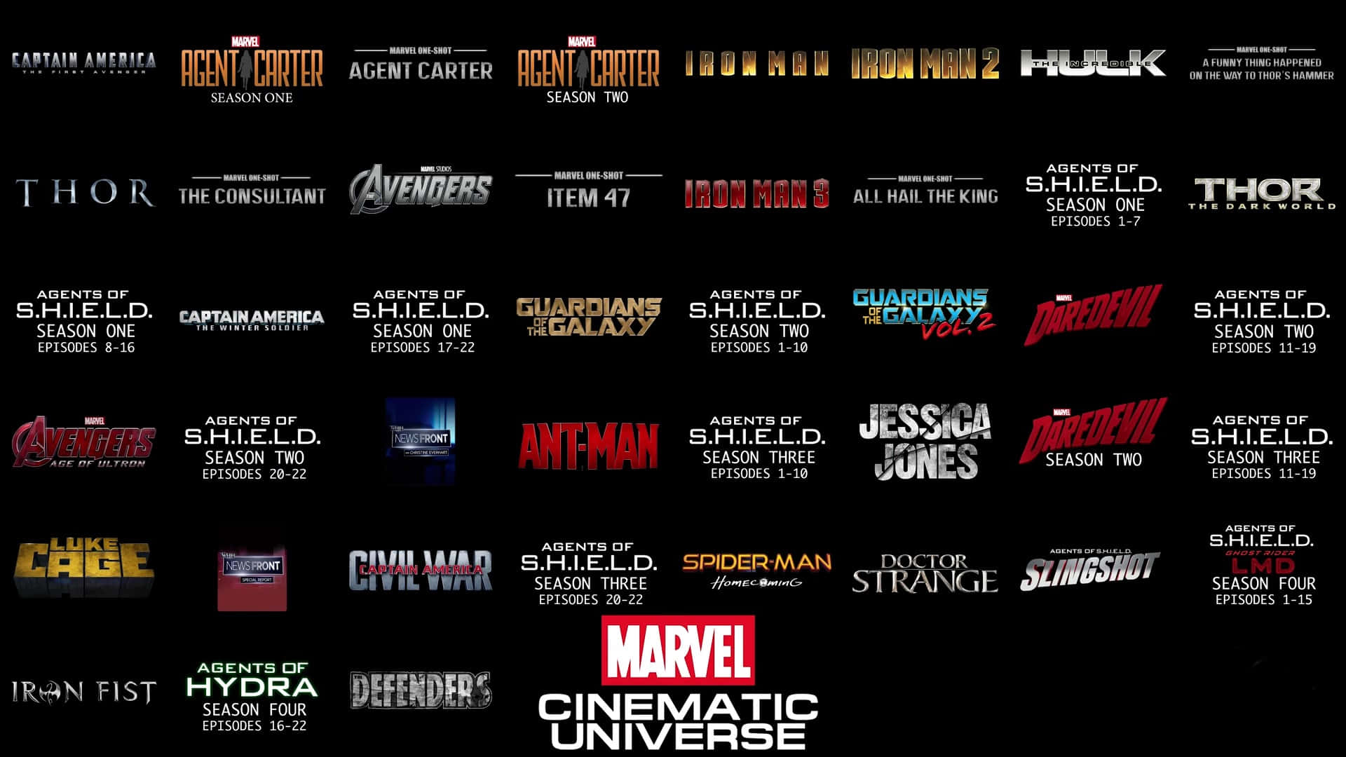 Mcu Phase Three 桌布 壁紙 — 以發光金屬字體在黑色背景上顯示的漫威電影宇宙標誌網格。
