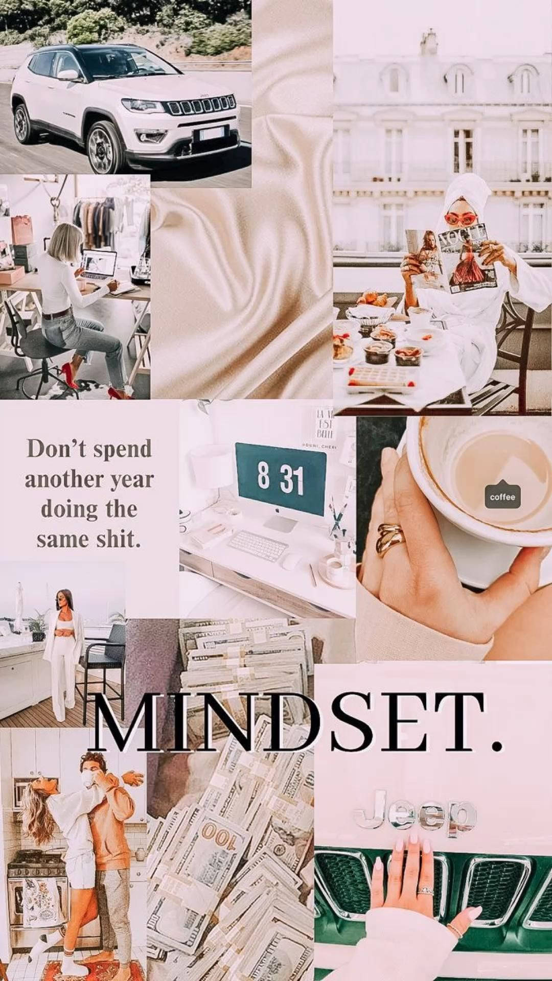 Mindset 桌布 壁紙 — 以白色Jeep、咖啡、金錢和一位在辦公桌前工作的女性搭配勵志文字的奢華生活美學拼貼。