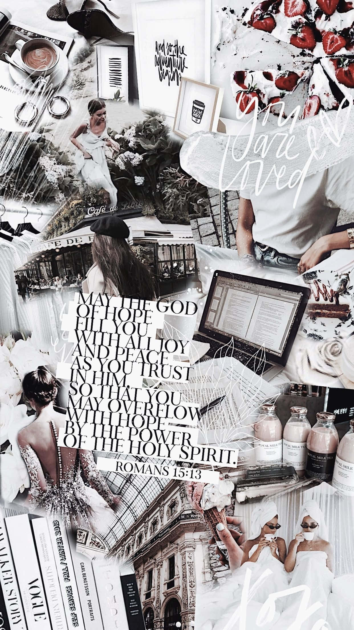 White Aesthetic Collage 桌布 壁紙 — 以白色和紅色為主題的拼貼畫，包含時尚照片、經文語錄、咖啡飲品和奢華物品，呈現現代美學。