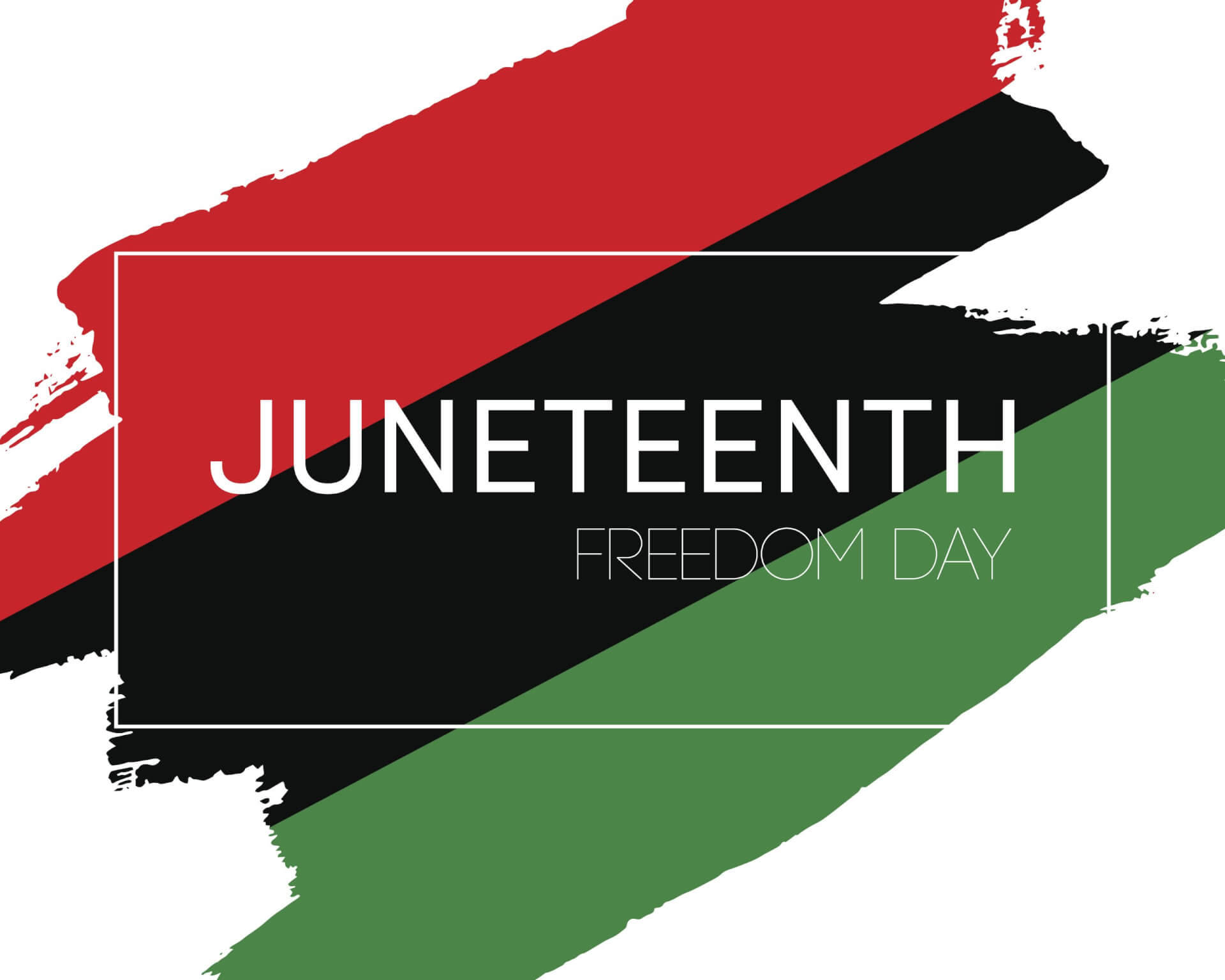 Juneteenth 桌布 壁紙 — 以白色文字慶祝六月節自由日的醒目紅、黑、綠刷痕旗幟。